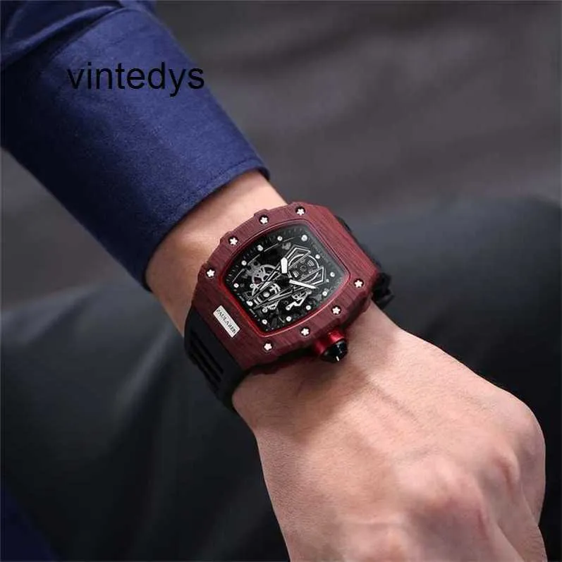 Luxury Watch Self Top Skeleton Quality Wind Automatic Mechanical Red Black Rubber Strap Fashion Ly