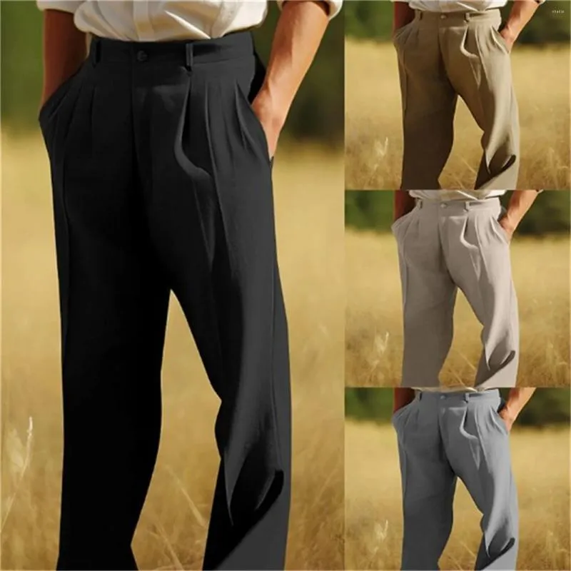 Calças masculinas de linho duplo plissado bolso frontal tubo reto liso confortável respirável casual casa fofa difusa