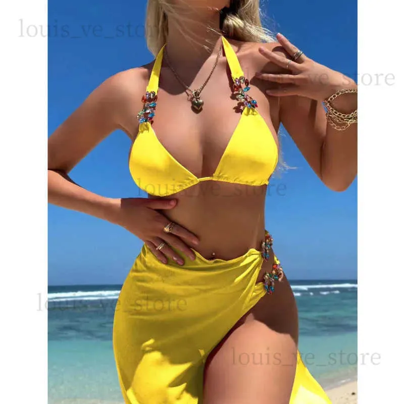 Kvinnors badkläder gul sexig bikinis baddräkt med strass kvinnors badkläder kvinnlig push up bikini strand badkläder baddräkter pool bather t231215