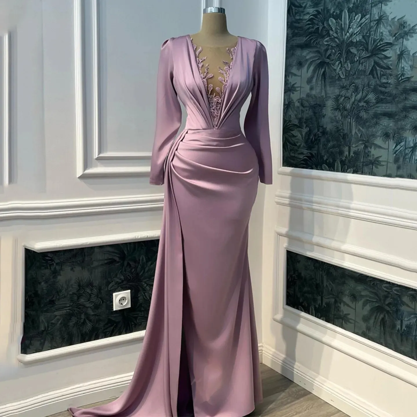 Dark Pink Mermaid mauve formal dress with Illusion V-neck and Beaded Long Sleeves - Perfect for Prom, Birthday Parties, and Arabic Dubai Events - Dark Pink Mermaid mauve formal dress with Illusion V-neck and Beaded Long Sleeves - Perfect for Prom, Birthday Parties, and Arabic Dubai Events -