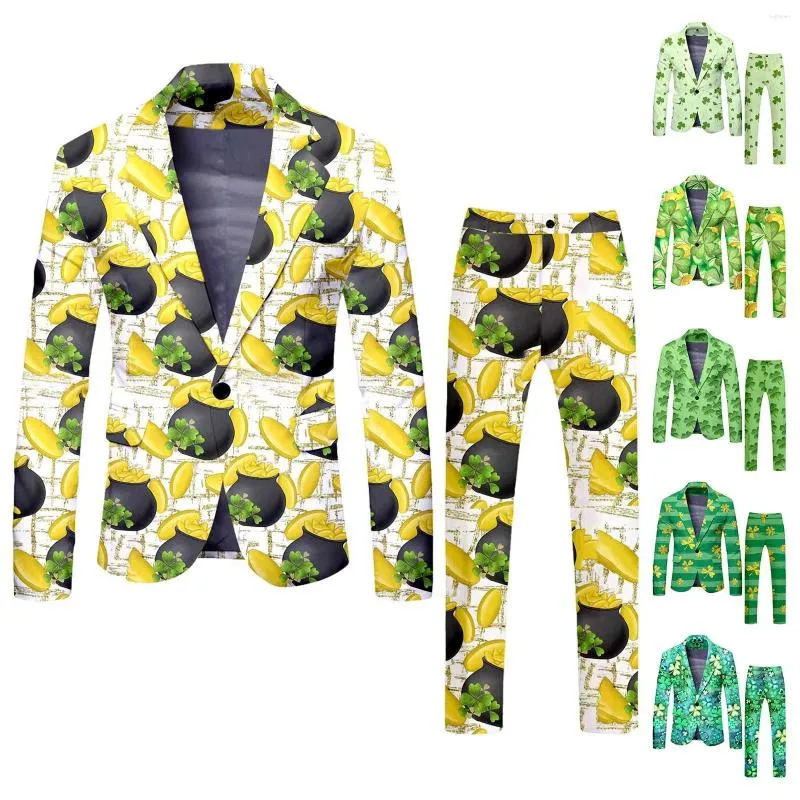 メンズスーツメンズブレザースーツセントパトリックのデイジャケットセット衣装4葉金オールプリントトップボトムパンツ2ピースコスチュームhomme