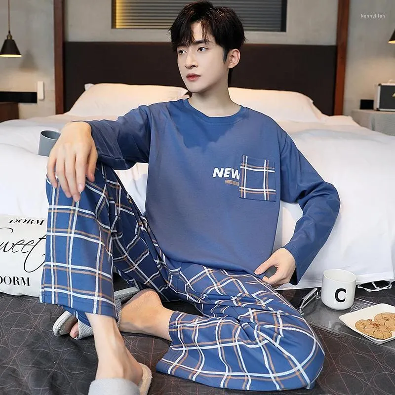 Vêtements de nuit pour hommes Pyjamas en coton à carreaux Ensemble pour jeune garçon 2024 Mode coréenne Vêtements de nuit Homme Printemps Homewear Casual Loungewear Homme Pyjamas