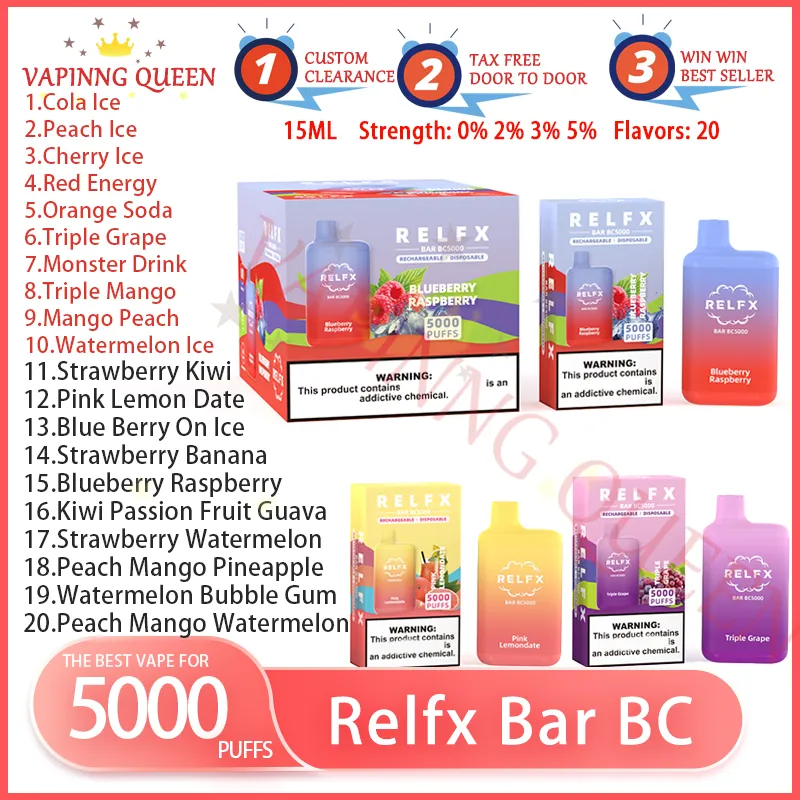 Orijinal RELFX BAR BC5000 Puf Verilebilir E Sigara 15ml Pod Pil Şarj Edilebilir 650mAh Puff 5k 0% 2% 3% 5% Tek Kullanımlık Vape