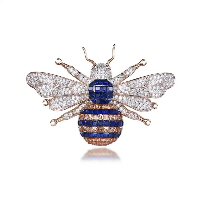 Pins broszki TKJ 925 Serling Silver Gold Pleated Cz Diamond Round Sapphire Bee Enamel Pin Fash