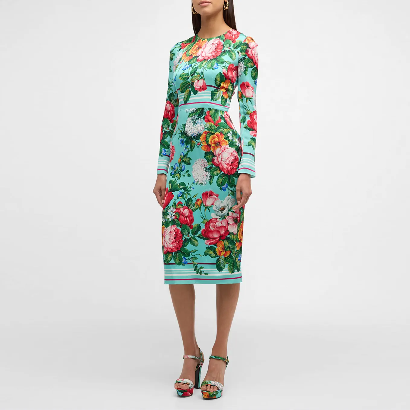 Europeiska modemärke Blue Elastic Silk Floral Print Tight Montering Crew Neck Long ärmar Midi Dress