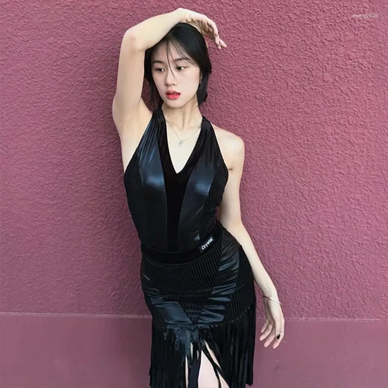 Stage Wear Latin Dance Dress Women Black Leather Velvet Tops Skirt Adult Practice Cha Rumba Clothes Fringe DNV18887