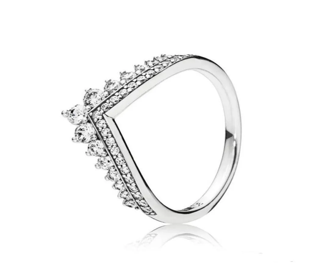 Limpar cz diamante princesa desejo anel conjunto marca caixa original para p 925 prata esterlina feminino meninas casamento coroa anéis8831502