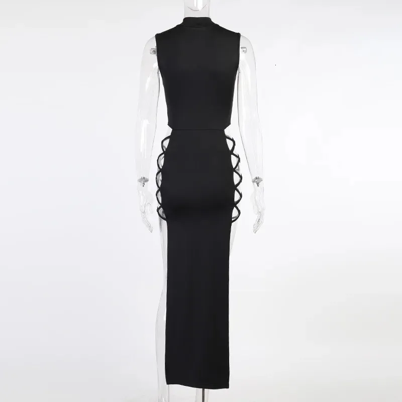 black sleeveless chiffon dress PEARL EMBELLISHED DRESS WITH LACE CUT  Lucian Matis