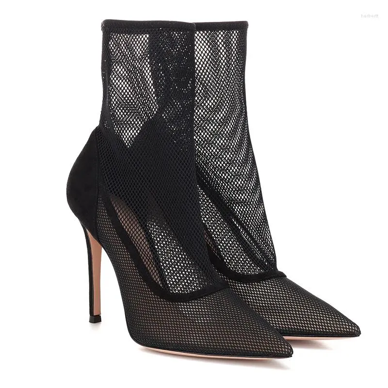 샌들 여성을위한 섹시한 패션 신발 검은 메쉬 부츠 환기 얇은 하이힐 설탕 프로스팅 무광택 발가락 스틸레토 플러스 크기 46
