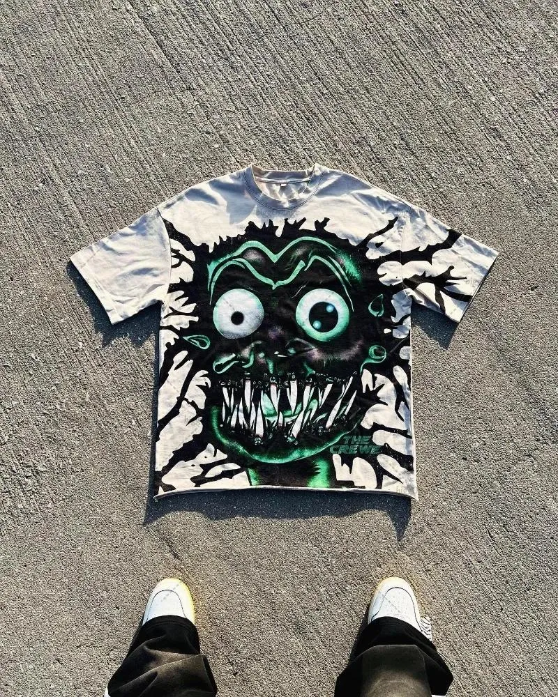T-shirt da uomo High Street Harajuku Allentato oversize a maniche corte Trendy Brand Fashion Retro Versatile T-shirt da uomo Cartoon Skull stampato Top