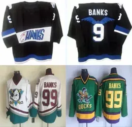 CUSTOM Men's Vintage Mighty Ducks Movie Jersey Hawks 9 Adam Banks Stitched Embroidery Hockey Jerseys Black White Green Fast Shipping Size S-