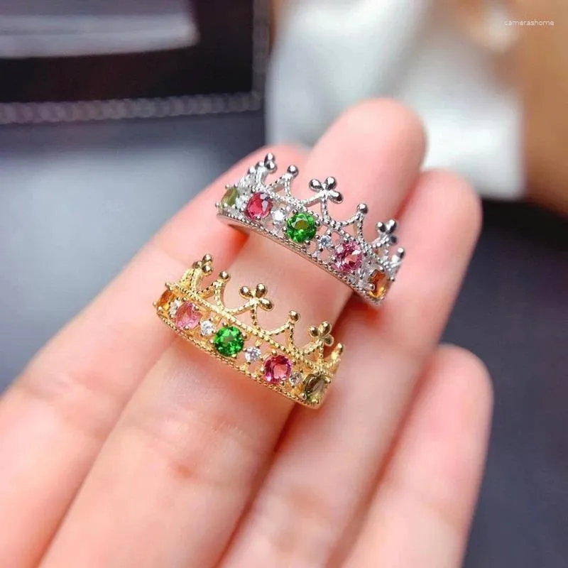 Cluster Rings Natural Tourmaline Ring Gem Fashion Color Stone Crown Women's Genuine Sterling Silver Charm High Jewelry