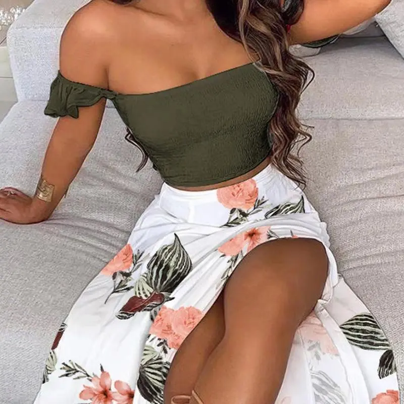 Bloemen Maxi Rok Set Off Shoulder Crop Top Top Spleet Rok Dames 2 Delige Zomer Outfit Van 22 19 DHgate