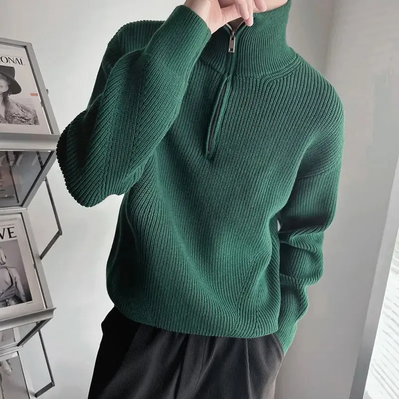 Herrtröjor Stickade tröjor för män blixtlåsen Plain Man Clothovers Green Zip-up Solid Color Colared Tops Overfit Jumpers S en rolig ful 231215