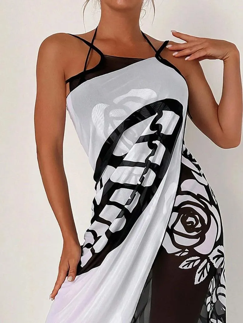 Women's Swimwear Sexy Butterfly Print Cover Up 2024 Women Black Patchwork Mesh Dress Tunic Bikini Lady Elegant Bath Sarong Wrap Skirt