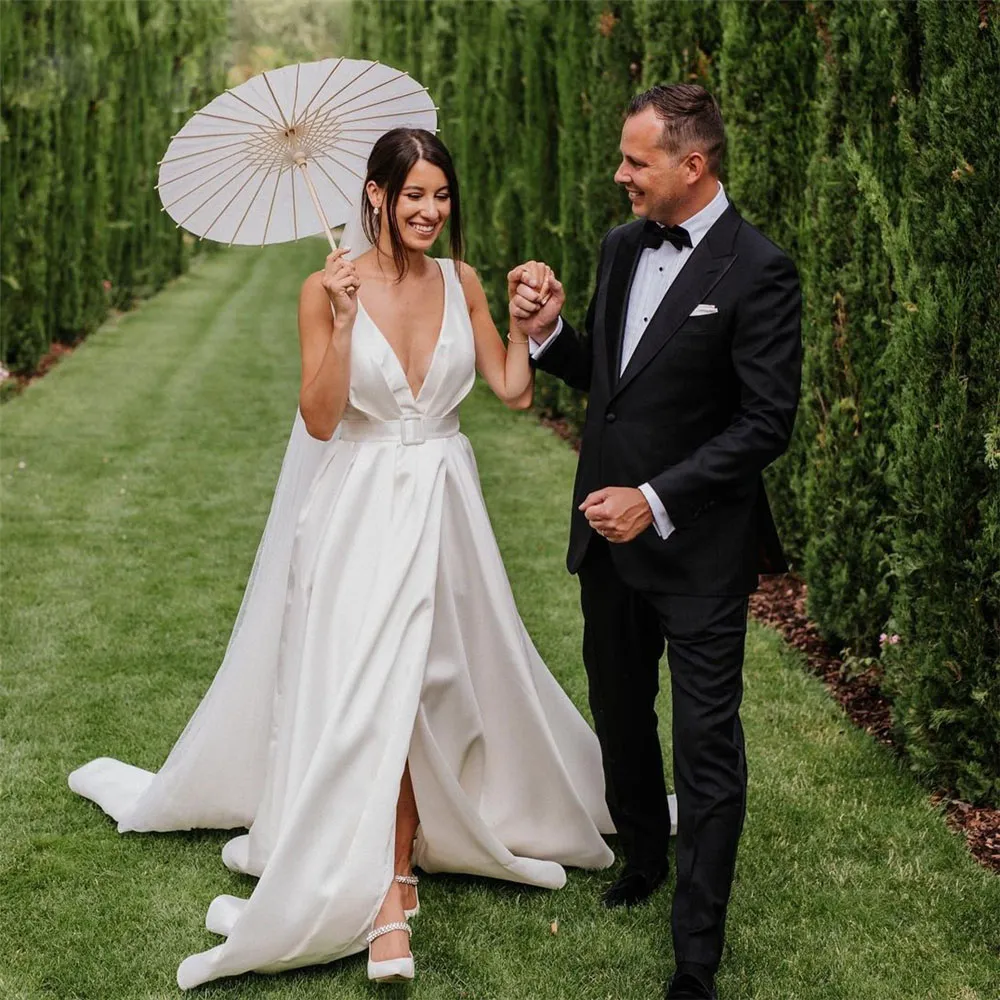 v neck ruched wedding dress V-Neck Mermaid Satin Ruched Wedding Dress in White, White / 20