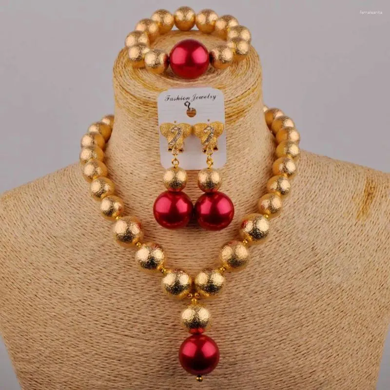 Ensemble de boucles d'oreilles et collier pour robe de mariée, accessoires, bijoux en perles de verre rouge, pour dames, mariée africaine nigériane, SH-75