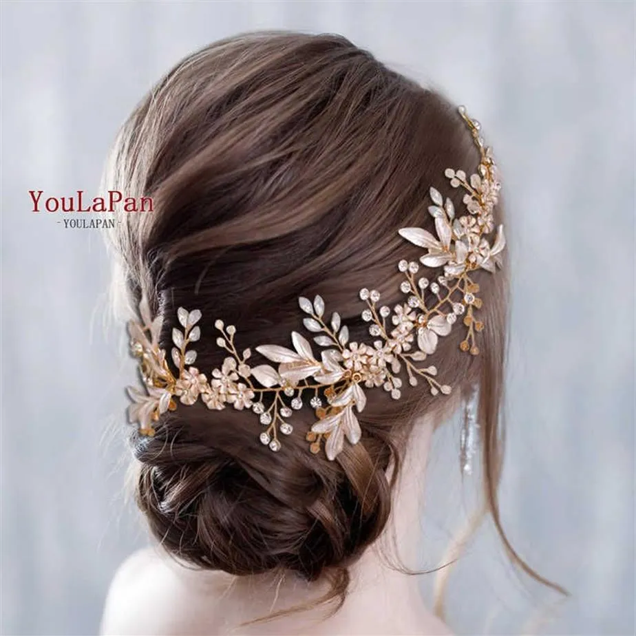 Youlapan HP278 Bröllop hårtillbehör Rose Gold Hair Pieces pannband Kvinnor Tiara Bröllop Huvudstycke Flower Bridal Headwear X0625266N