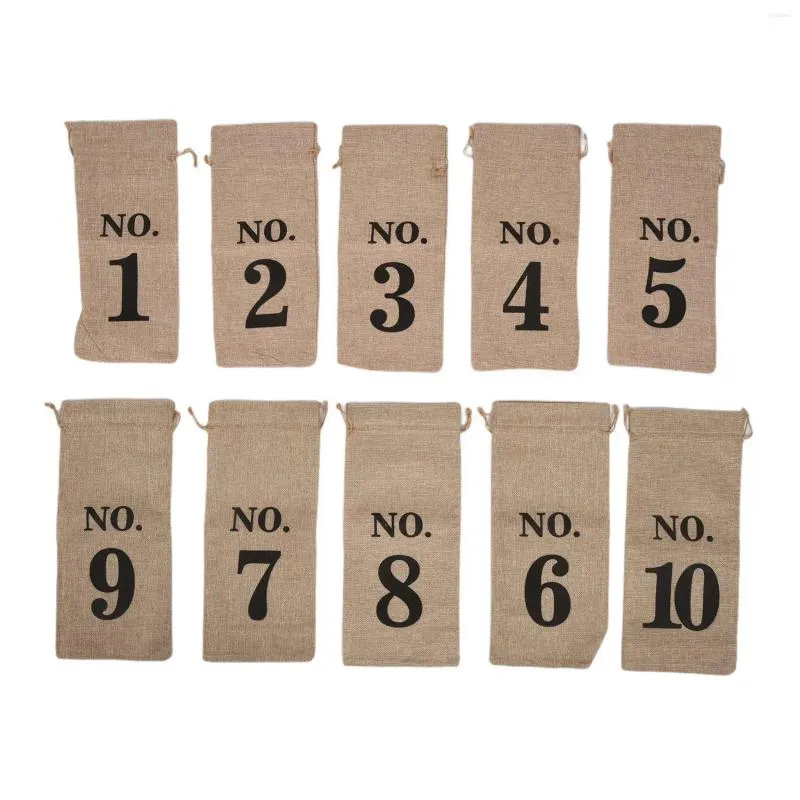 Storage Bags 10Pcs Jute Wine 14 X 6 1/4 Inches Hessian Numbered Bottle Gift With Drawstring For Blind Tasting (Brown)