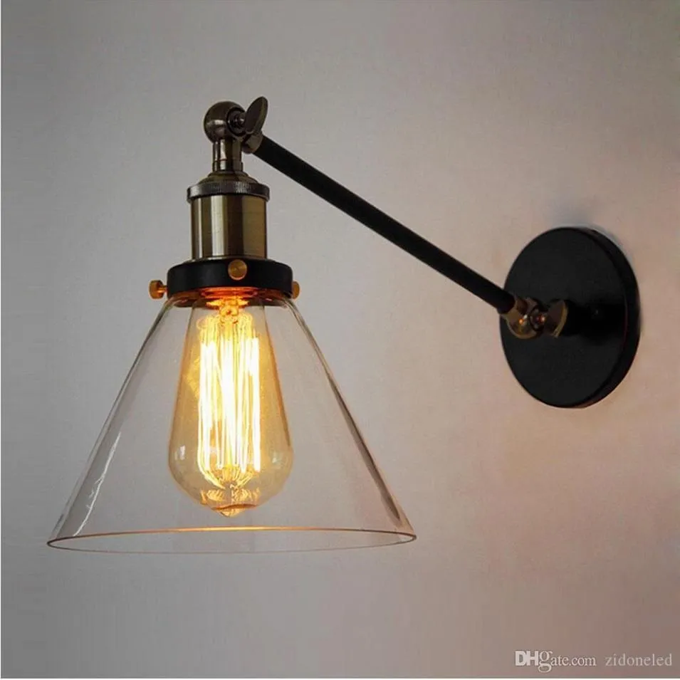 Loft Swing Arm Wall Sconces Retro LED Wall Light Warehouse Ambient Lighting Glass Lampshade Industrial Style E 27 Edsion Wall Lamp257j