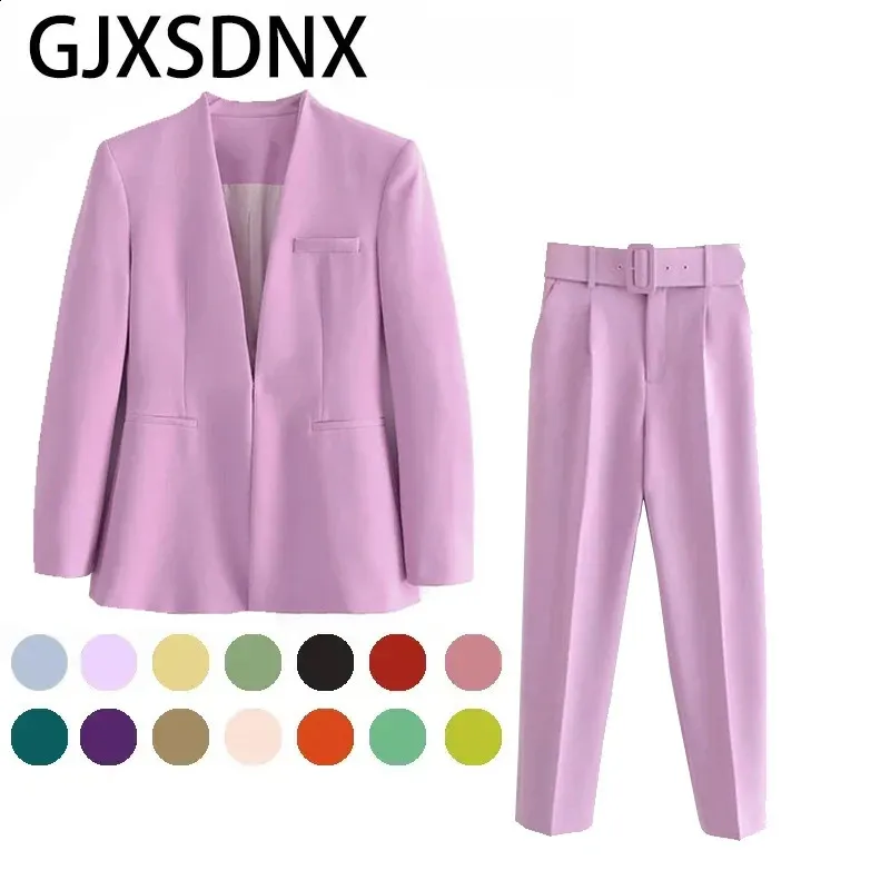 Damenanzüge Blazer GJXSDNX TRAF Frauen Mantel Zwei Stücke Sets Mode Büro Tragen Mit Gürtel Hohe Taille Hosen Einfache Solide 17 farben Anzug 231214