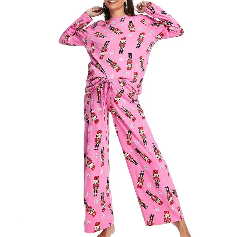 Kvinnor Tvådelade byxor xingqing Nutcracker Christmas Pyjamas Y2K Women Loungewear Print rund hals långärmad t -skjorta toppar och rosa sleepwea