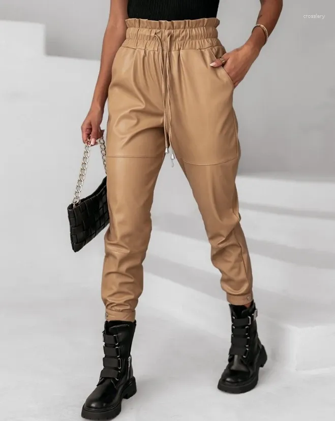 Pantalons pour femmes Femmes Mode PU Cuir Cordon Poche Conception Revers Femelle Ourlet À Volants Froncé Décontracté Taille Haute Pantalon