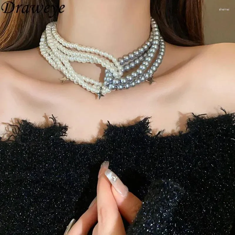 Gargantilha draweye multicamadas pérolas colar para mulher contraste cor vintage coreano moda colares para mujer estrelas festa jóias