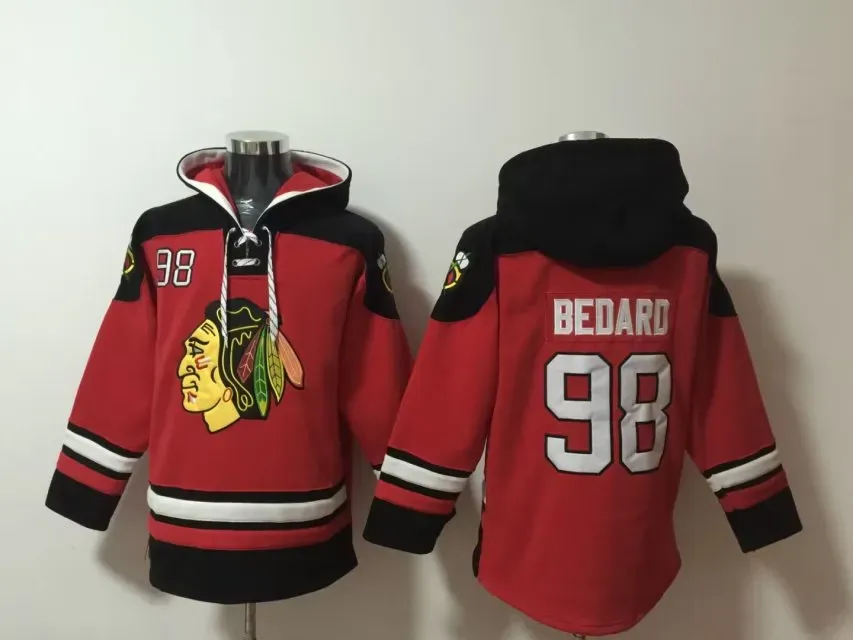 Custom 98 Connor Bedard Blackhawks 옛날 하키 유니폼 시카고 까마귀 풀 오버 스포츠 스웨트 땀 셔츠 겨울 재킷 검은 색 빨간 크기 S-XXXL