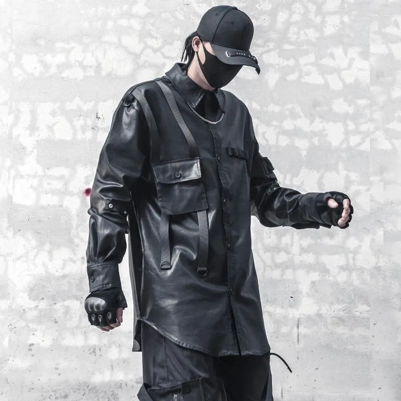 Herrspårar Design Dark Retro Techwear Women Style Wax Coated Cargo Shirt Trend Gothic Mid-Längd Coat