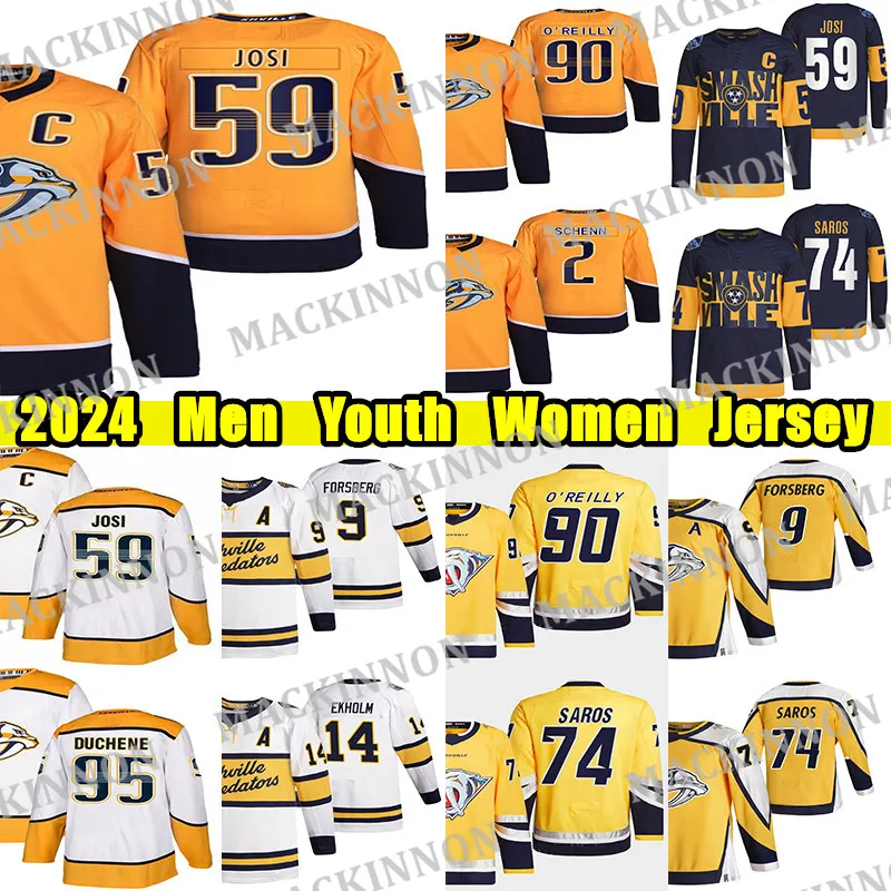 Maglia da hockey # 59 Roman Josi # 90 Ryan O'Reilly Filip Forsberg Juuse Saros Ryan McDonagh Yakov Trenin Colton Sissons Nyquist Luke Schenn Maglie personalizzate da uomo giovanile da donna