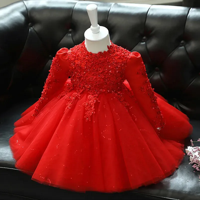 Платья для девочек, красное кружевное платье с блестками для маленьких девочек, платье на день рождения для детей 1 года, платье с длинными рукавами для рождений, крестильное платье для младенцев, крещение принцессы для малышей, Vestidos 231215