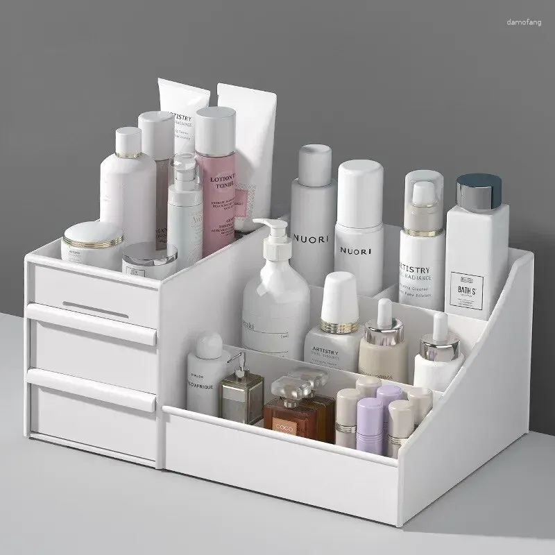 Boîtes de rangement 1pc tiroir blanc boîte de maquillage dortoir finition étagère en plastique cosmétiques soins de la peau coiffeuse bureau