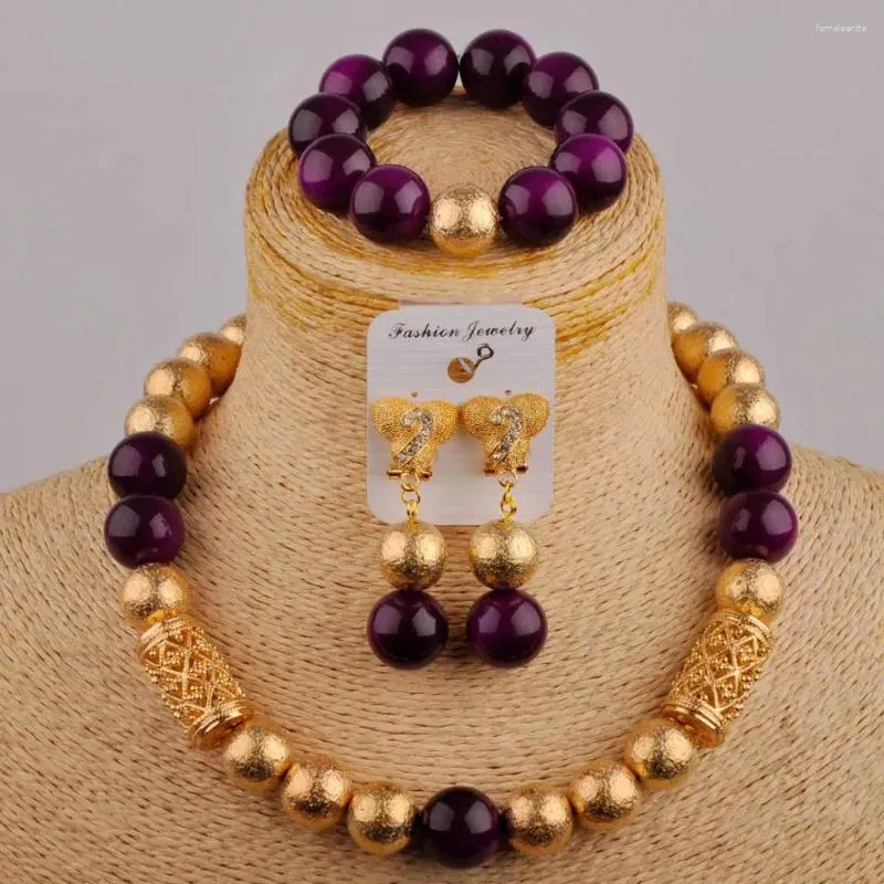 Halsbandörhängen Set Simple Purple Glass Crystal African Bride Women's Wedding Dress Nigeria Fashion Jewelry XK-25