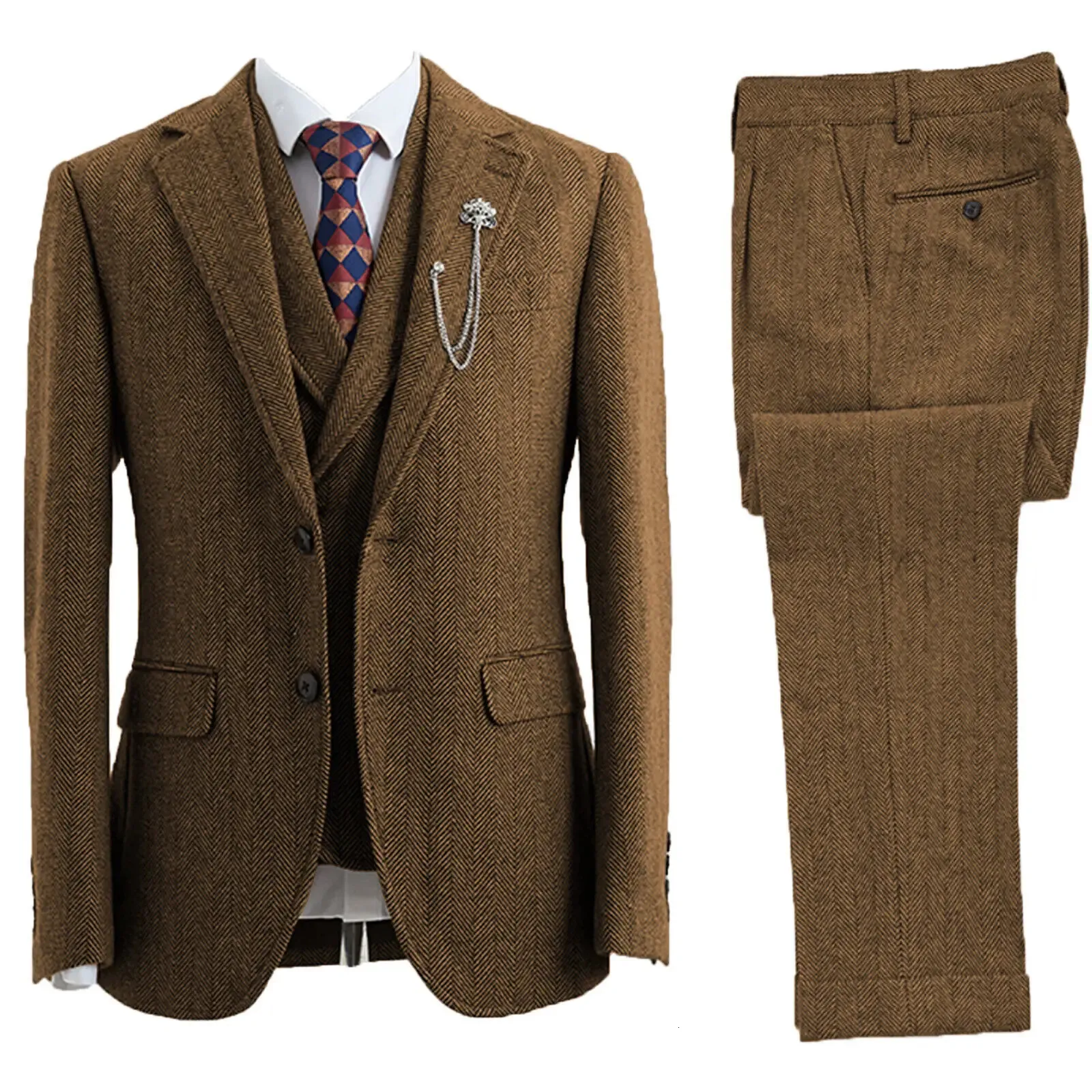 Herrenanzüge Blazer Herren 3-teiliger Anzug Tweed Herringbone Zweireiher Hochzeits-Smoking Größe Kleidung 231215