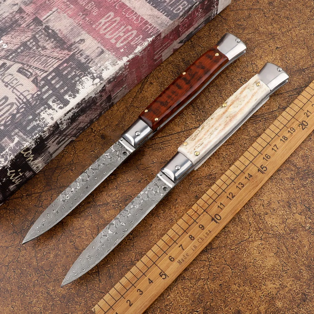 Outdoor camp 9 inch mafia Damascus steel antlers/wood handle automatic folding knife tactical hunting pocket fruit knife