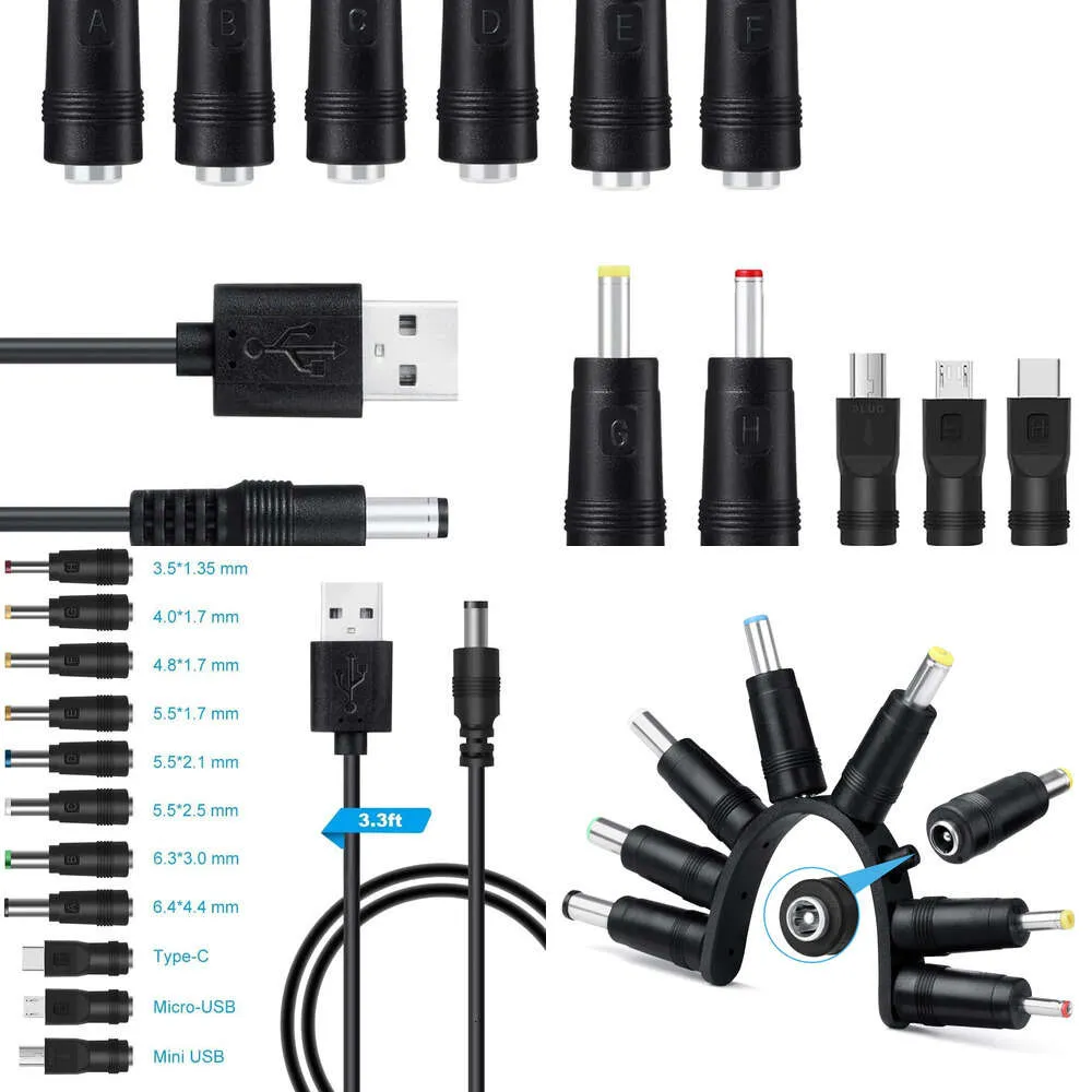 Novos adaptadores de laptop carregadores 11 em 1 5V USB para 5,5x2,1mm 3,5mm 4,0mm 4,8mm 6,4mm 5,5x2,5mm Tipo C Micro Mini USB Plug Cabo de carga para roteador celular