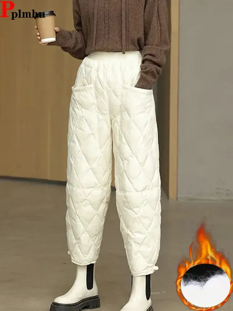 Pantalons pour femmes Capris Sarouel en coton ensaché d'hiver pour une chaleur décontractée, sous-vêtements moelleux et matelassés, taille haute élastique, longueur cheville épaisse 231214