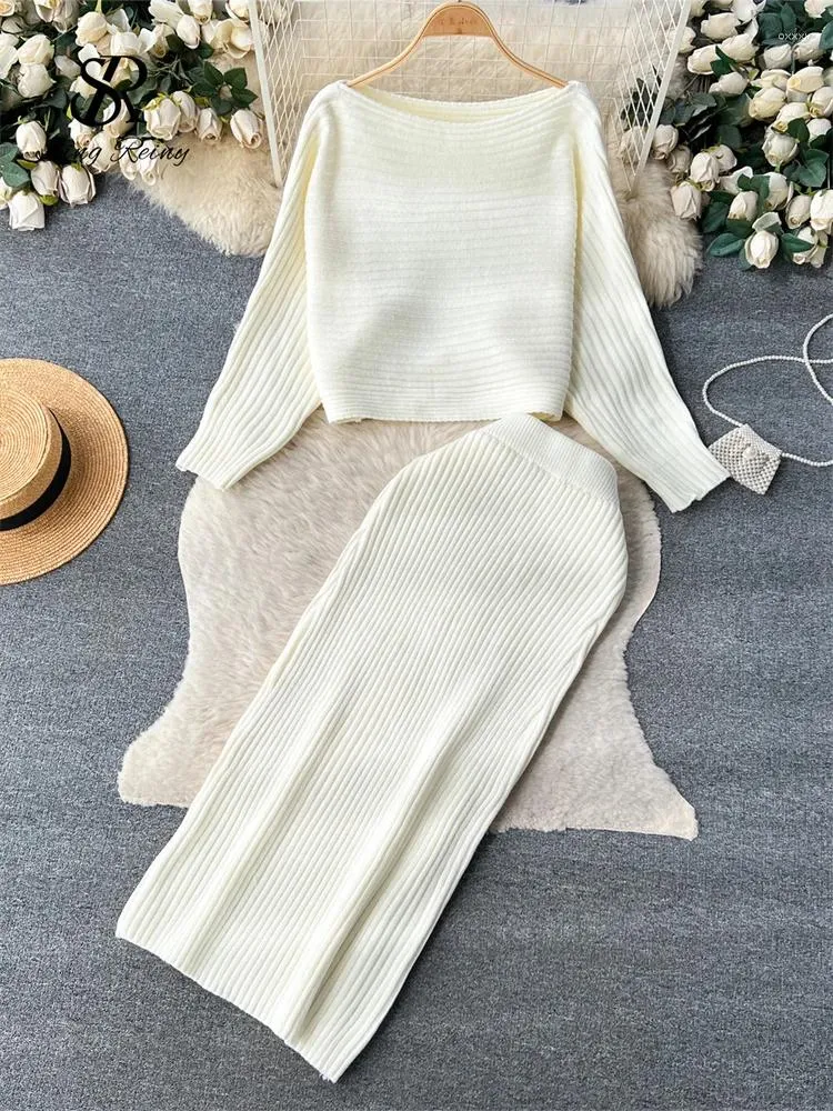 Work Dresses SINGREINY Winter Striped Knitted Suits Off The Shoulder Loose Pullovers Elastic Long Skirt Soild Causal Sweater Two Pieces Sets