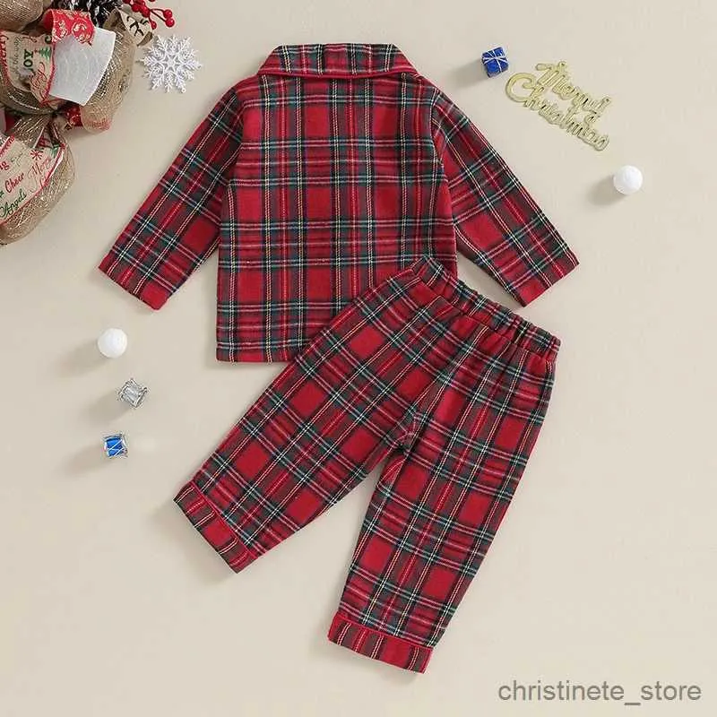 Bekleidungssets Weihnachts-Pyjama-Set für Kinder mit Karomuster, geknöpftem Langarmshirt und elastischer Hose, Loungewear-Nachtwäsche R231215