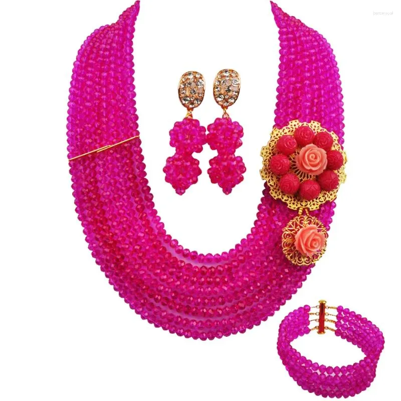 Ketting Oorbellen Set Fuchsia Roze Mode Kostuum Sieraden 8 Rijen Strand Afrikaanse Kralen Kristal