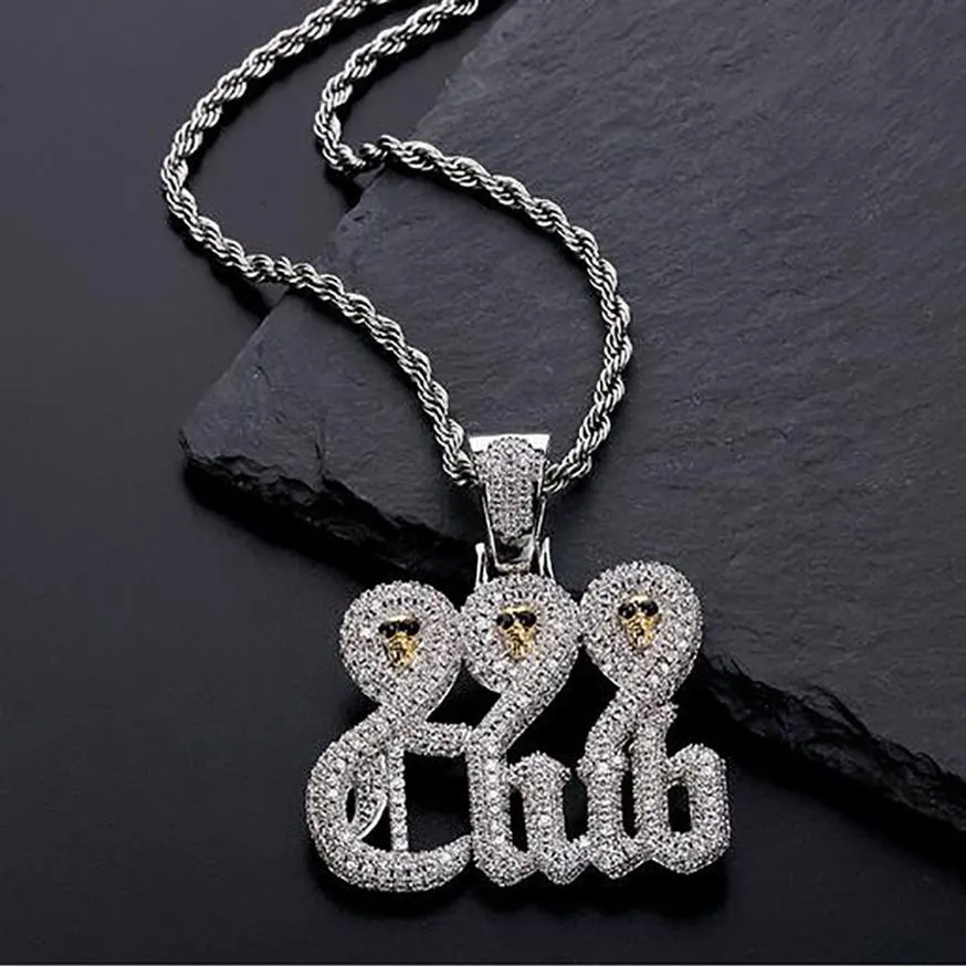 Collar con colgante de calavera de oro blanco 999 Club con cadena de cuerda de 60 cm, joyería de hip hop de circonia cúbica de ALTA CALIDAD 1965