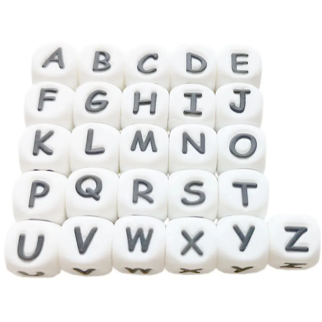 Clip porta ciuccio 100 pezzi lettera inglese perline alfabeto in silicone cubo da 10 mm massaggiagengive nome fai da te sui gioielli per la dentizione del bambino giocattoli infermieristici 231215