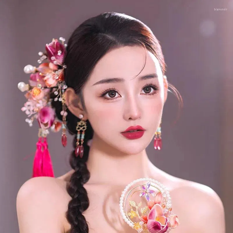 Hair Clips Chinese Bride Handmade Velvet Flower Ancient Costume Hairpins Bridal Accessories