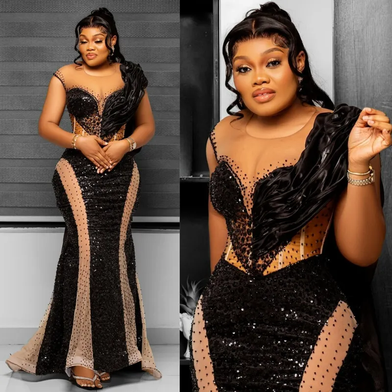 Plus taille aso ebi robes de bal sirène noire illusion sheer coude robe de soirée promrition de fête d'anniversaire pour les femmes de fiançailles noires africaines Pageant AM181