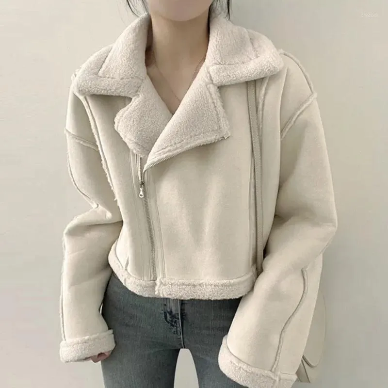 Femmes fourrure tissu femmes épais blanc kaki agneau veste fermeture éclair à manches longues femme mode vêtements d'extérieur manteau d'hiver Mujer CB019