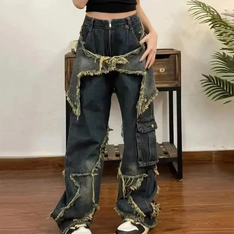 Jeans pour femmes Pantalons de créateurs pour femmes Long Casual Loose Fading Distressed Edge Star Jean Tops Sexy Vieille Veste
