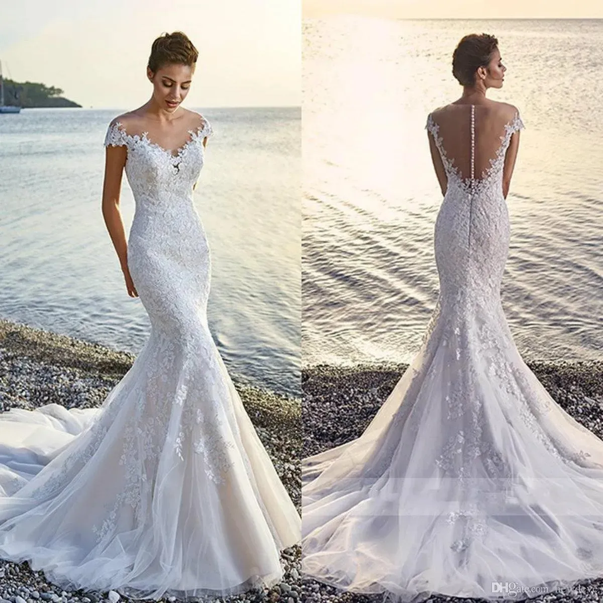 Abiti da sposa Eddy K Maniche corte Applicazioni in pizzo Abiti da sposa Sweep Train Abito da sposa a sirena Abiti da Noiva