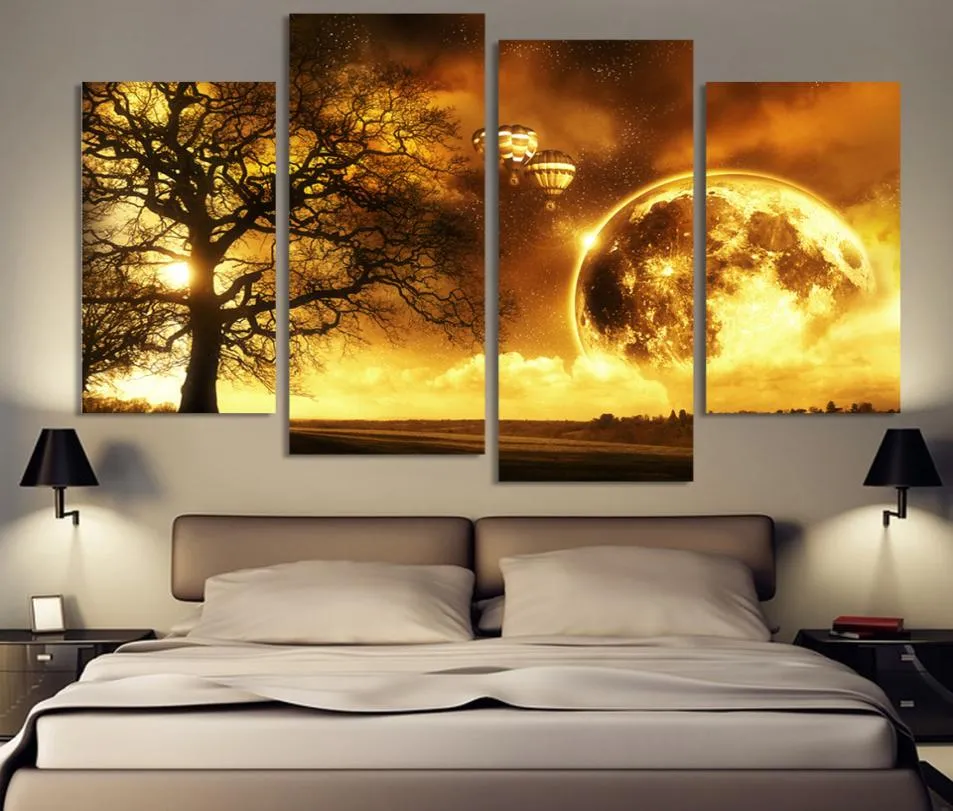 4 panneaux arbre ancien imprimé univers peintures spatiales toile photo Cuadros terre paysage peinture pour salon 2 sans cadre 1176290