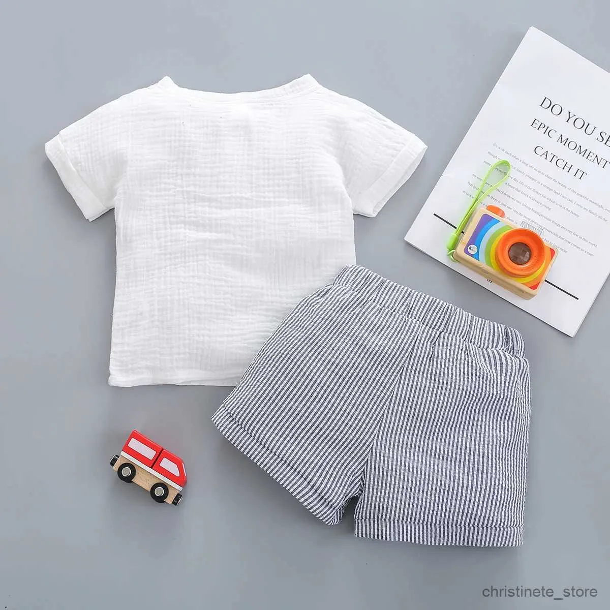 Clothing Sets 2PCS Baby boy summer bubble cotton pure color round collar short sleeve button pullover + belt stripe shorts suit R231215